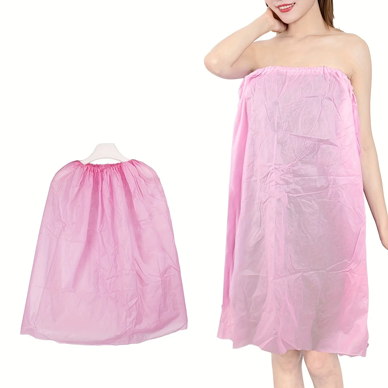 Pink disposable non-woven bathrobe, flat lay and on model, for spa and beauty salon