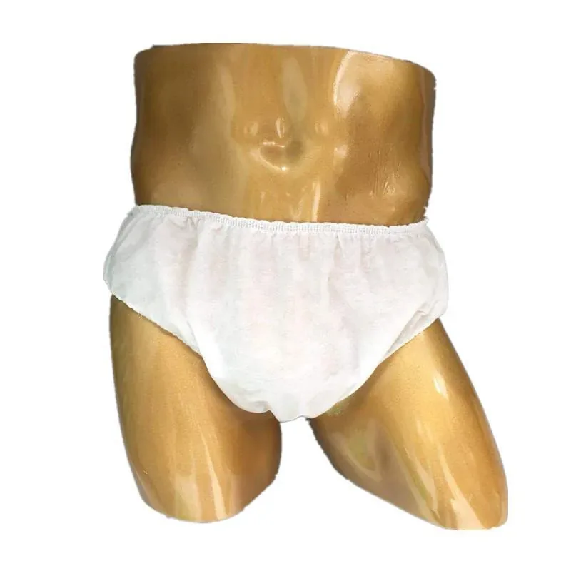 White disposable non-woven underwear for spa salon, single use design, worn on mannequin